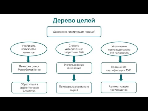 Дерево целей Удержание лидирующих позиций Увеличить количество клиентов Снизить материальные