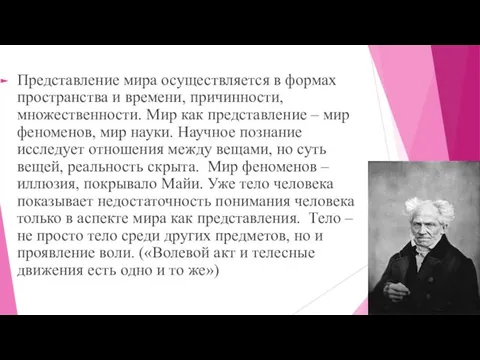 Представление мира осуществляется в формах пространства и времени, причинности, множественности.