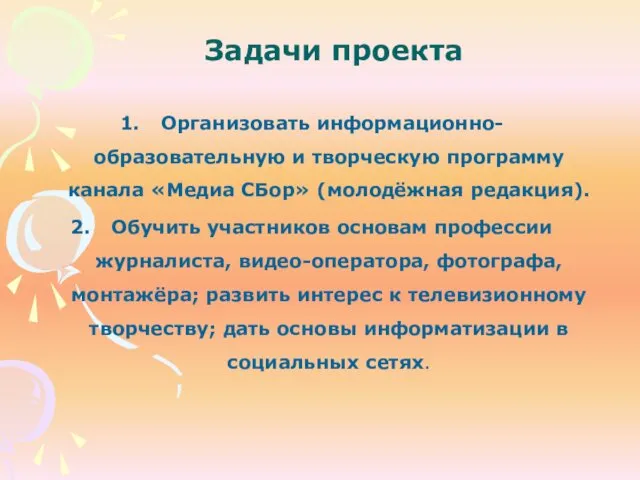 Задачи проекта Организовать информационно-образовательную и творческую программу канала «Медиа СБор»