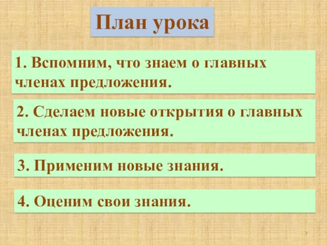 План урока 1. Вспомним, что знаем о главных членах предложения.