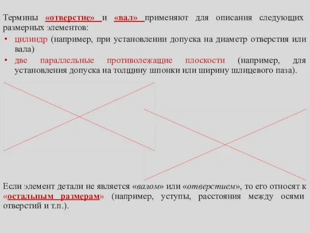 Термины «отверстие» и «вал» применяют для описания следующих размерных элементов: