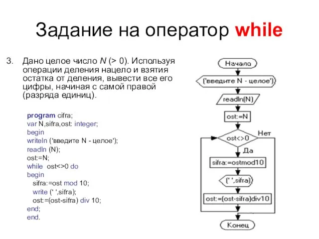 Задание на оператор while Дано целое число N (> 0).