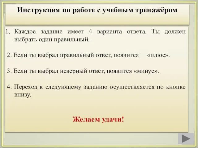 Инструкция по работе с учебным тренажёром Каждое задание имеет 4