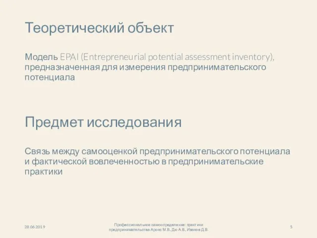 Предмет исследования Связь между самооценкой предпринимательского потенциала и фактической вовлеченностью