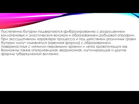 Постепенно бугорки подвергаются фиброзированию с разрушением коллагеновых и эластических волокон