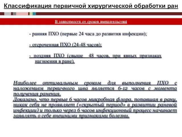 Классификация первичной хирургической обработки ран - ранняя ПХО (первые 24