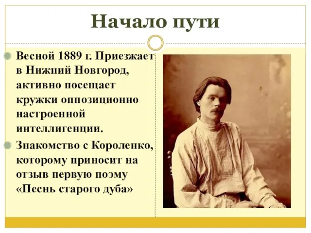 Начало пути Весной 1889 г. Приезжает в Нижний Новгород, активно