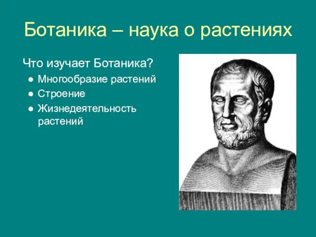 Ботаника – наука о растениях Что изучает Ботаника? Многообразие растений Строение Жизнедеятельность растений