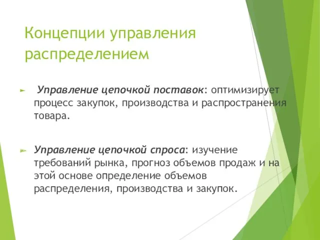 Концепции управления распределением Управление цепочкой поставок: оптимизирует процесс закупок, производства