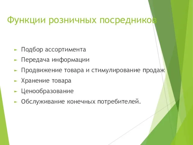 Функции розничных посредников Подбор ассортимента Передача информации Продвижение товара и