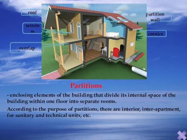 Partitions - enclosing elements of the building that divide its