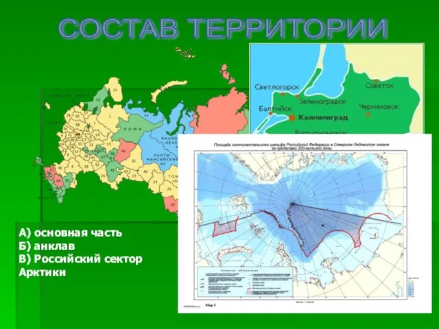 СОСТАВ ТЕРРИТОРИИ А) основная часть Б) анклав В) Российский сектор Арктики