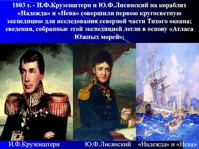 1803 г. - И.Ф.Крузенштерн и Ю.Ф.Лисянский на кораблях «Надежда» и