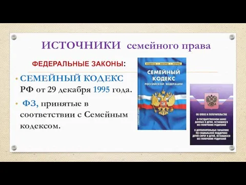 ИСТОЧНИКИ семейного права СЕМЕЙНЫЙ КОДЕКС РФ от 29 декабря 1995