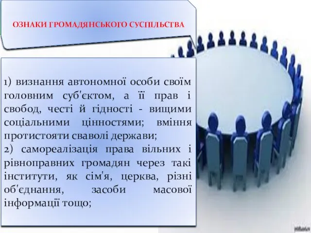 ОЗНАКИ ГРОМАДЯНСЬКОГО СУСПІЛЬСТВА 1) визнання автономної особи своїм головним суб'єктом,