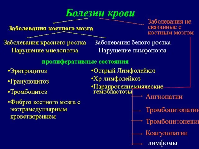 Болезни крови Заболевания красного ростка Нарушение миелопоэза Заболевания белого ростка