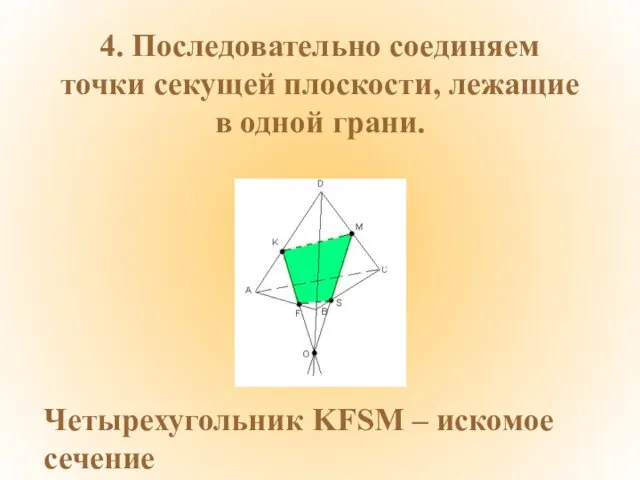 4. Последовательно соединяем точки секущей плоскости, лежащие в одной грани. Четырехугольник KFSM – искомое сечение