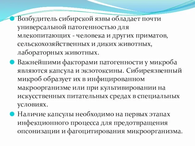 Возбудитель сибирской язвы обладает почти универсальной патогенностью для млекопитающих -