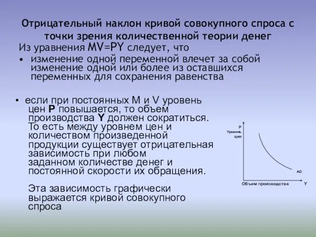 Отрицательный наклон кривой совокупного спроса с точки зрения количественной теории