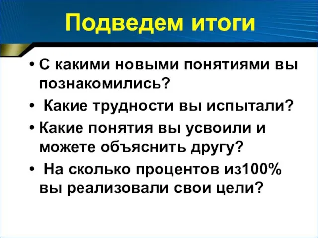 Подведем итоги С какими новыми понятиями вы познакомились? Какие трудности