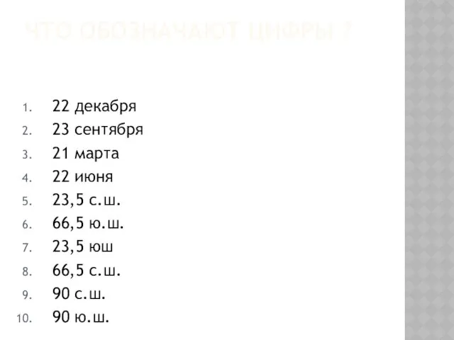 ЧТО ОБОЗНАЧАЮТ ЦИФРЫ ? 22 декабря 23 сентября 21 марта