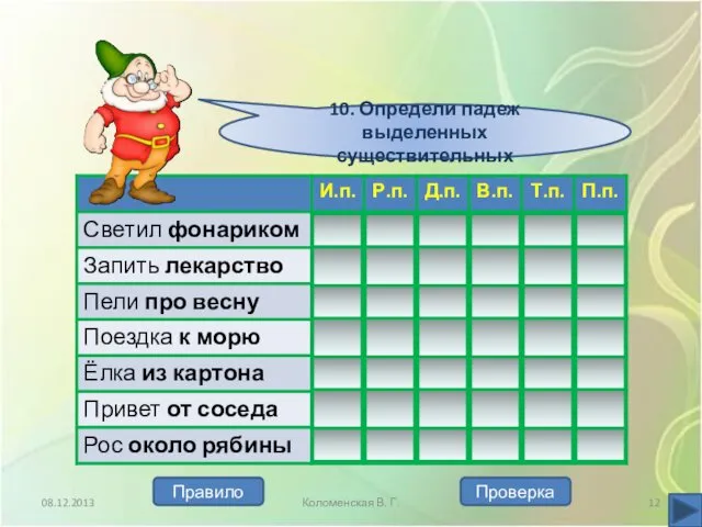 10. Определи падеж выделенных существительных 08.12.2013 Коломенская В. Г. Проверка Правило