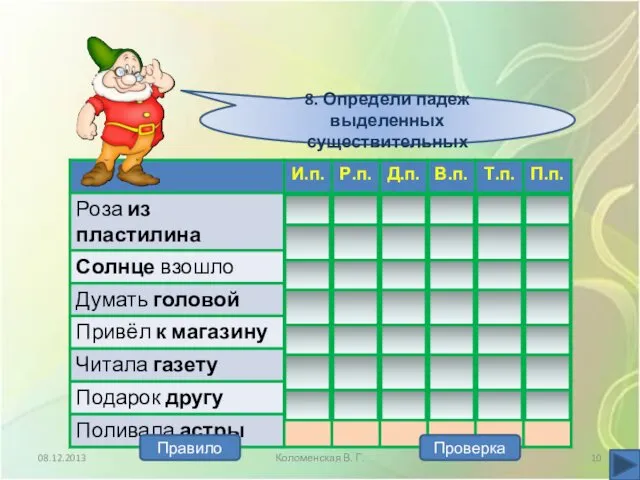 08.12.2013 Коломенская В. Г. Проверка Правило 8. Определи падеж выделенных существительных