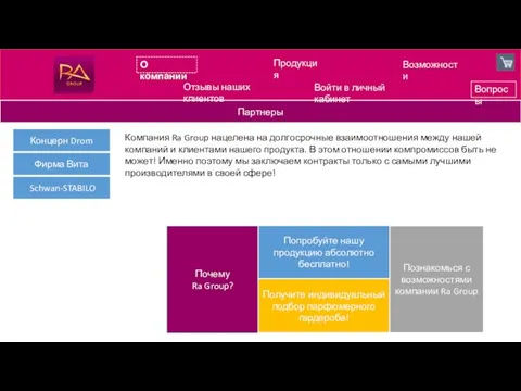 О компании Продукция Возможности Партнеры Компания Ra Group нацелена на