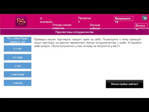 Возможности Перспективы сотрудничества Вопросы О компании Продукция 3-5 лет Примеры