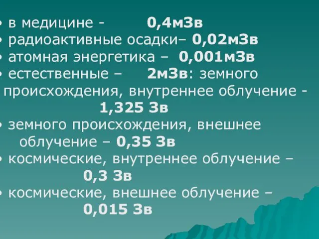 в медицине - 0,4мЗв радиоактивные осадки– 0,02мЗв атомная энергетика –