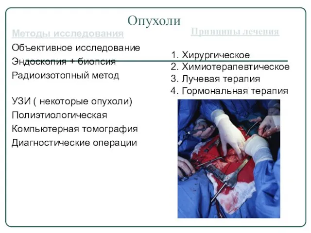 Опухоли Методы исследования Объективное исследование Эндоскопия + биопсия Радиоизотопный метод