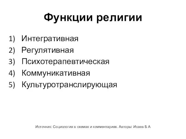 Функции религии Интегративная Регулятивная Психотерапевтическая Коммуникативная Культуротранслирующая Источник: Социология в