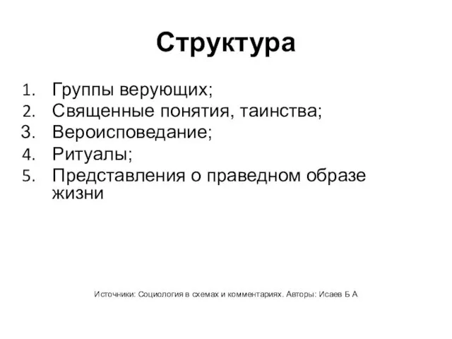 Структура Группы верующих; Священные понятия, таинства; Вероисповедание; Ритуалы; Представления о