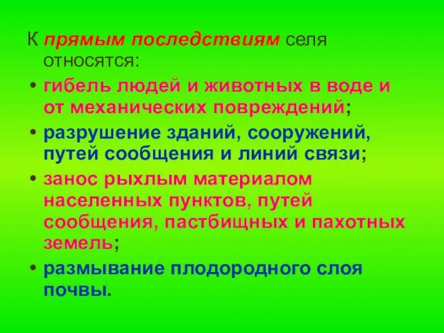 К прямым последствиям селя относятся: гибель людей и животных в