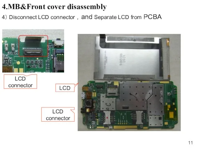 4.MB&Front cover disassembly 4） Disconnect LCD connector ，and Separate LCD