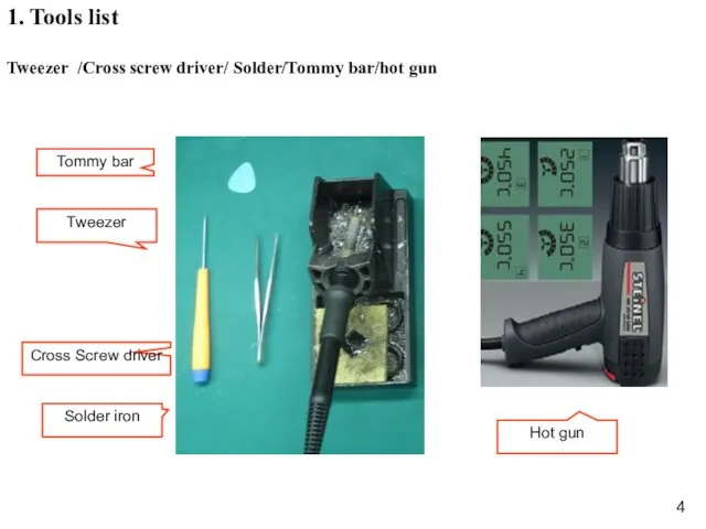 Hot gun 1. Tools list Tweezer /Cross screw driver/ Solder/Tommy bar/hot gun