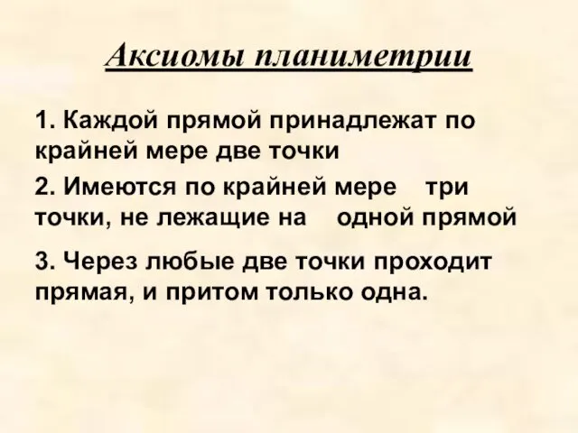 Аксиомы планиметрии 1. Каждой прямой принадлежат по крайней мере две