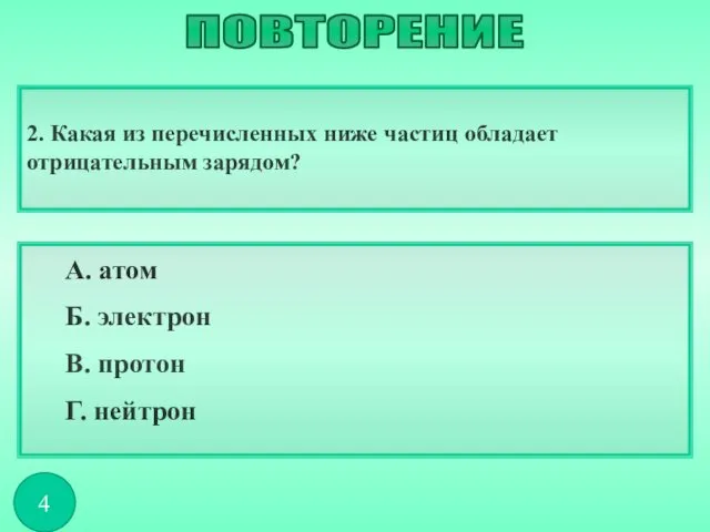 2. Какая из перечисленных ниже частиц обладает отрицательным зарядом? А.