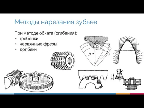 При методе обката (огибания): гребёнки червячные фрезы долбяки Методы нарезания зубьев