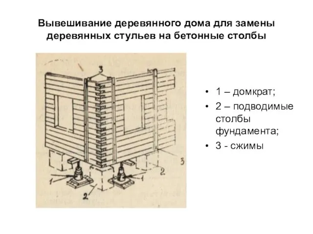 Вывешивание деревянного дома для замены деревянных стульев на бетонные столбы