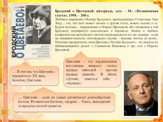 Бродский о Цветаевой: интервью, эссе. – М.: «Независимая газета», 1998.