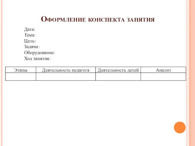 Оформление конспекта занятия Дата: Тема: Цель: Задачи: Оборудование: Ход занятия: