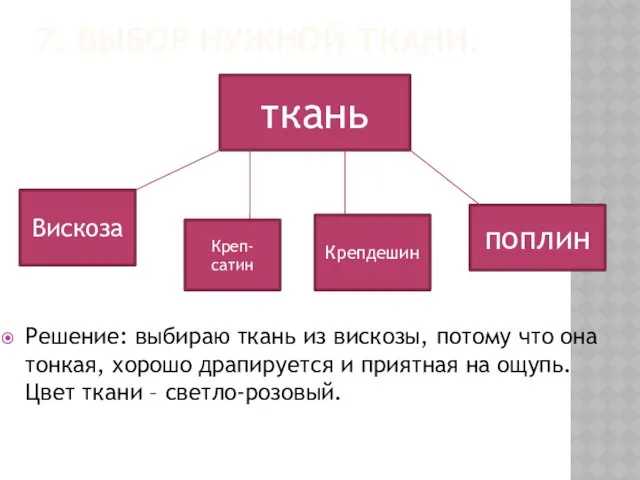 7. ВЫБОР НУЖНОЙ ТКАНИ. Решение: выбираю ткань из вискозы, потому