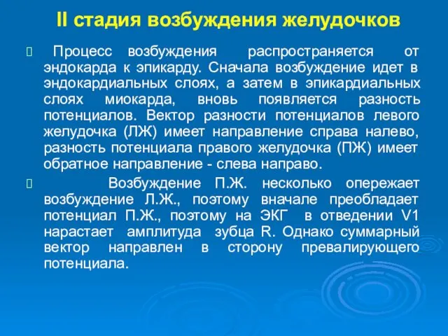 II стадия возбуждения желудочков Процесс возбуждения распространяется от эндокарда к