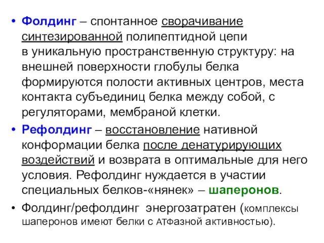 Фолдинг – спонтанное сворачивание синтезированной полипептидной цепи в уникальную пространственную