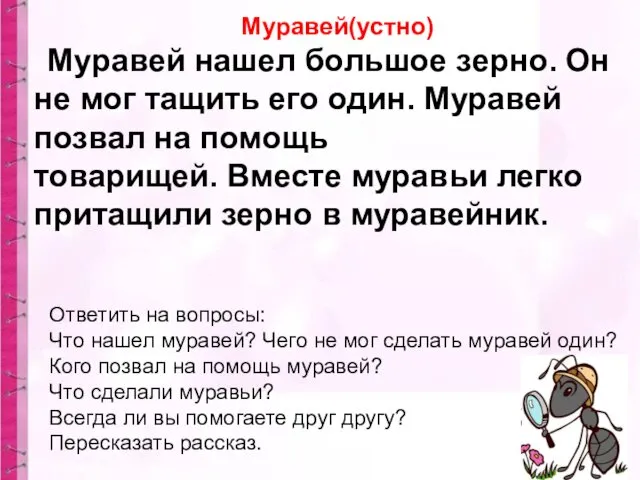 Муравей(устно) Муравей нашел большое зерно. Он не мог тащить его