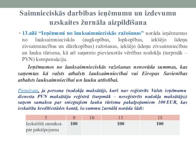 Saimnieciskās darbības ieņēmumu un izdevumu uzskaites žurnāla aizpildīšana 13.ailē “Ieņēmumi