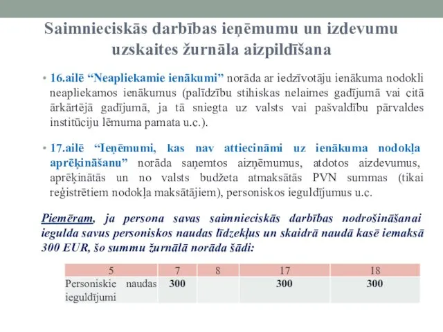 Saimnieciskās darbības ieņēmumu un izdevumu uzskaites žurnāla aizpildīšana 16.ailē “Neapliekamie