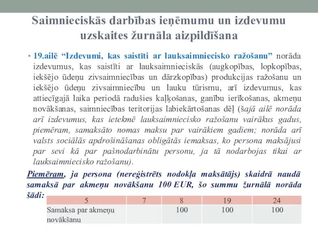 Saimnieciskās darbības ieņēmumu un izdevumu uzskaites žurnāla aizpildīšana 19.ailē “Izdevumi,