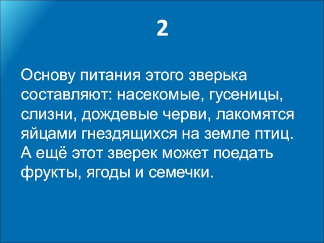 2 Основу питания этого зверька составляют: насекомые, гусеницы, слизни, дождевые